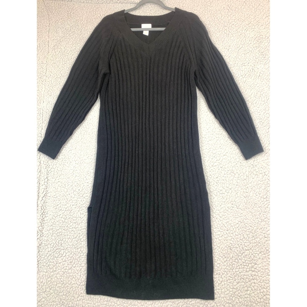 H&M Black Ribbed Knit Sweater Dress Women's Small‎ Long Sleeve V-Neck